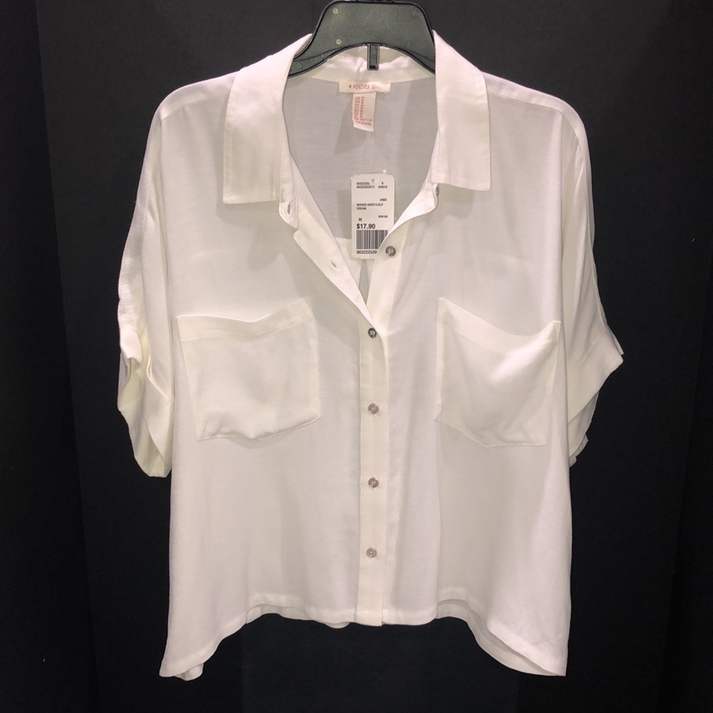 NWT Forever 21 Boxy White Woven Button Down Collar Cropped Shirt